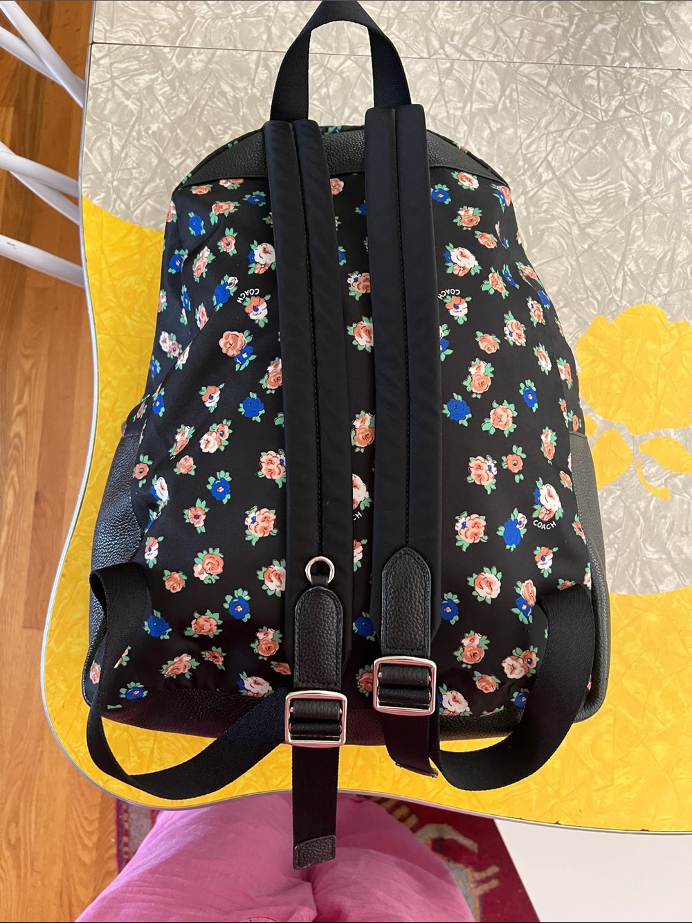 Coach Black Floral Backpack with Fox Patch and Blue Sunglasses - Picture 3 of 16